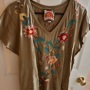 Johnny Was Green Embellished Blouse with Floral Embroidery